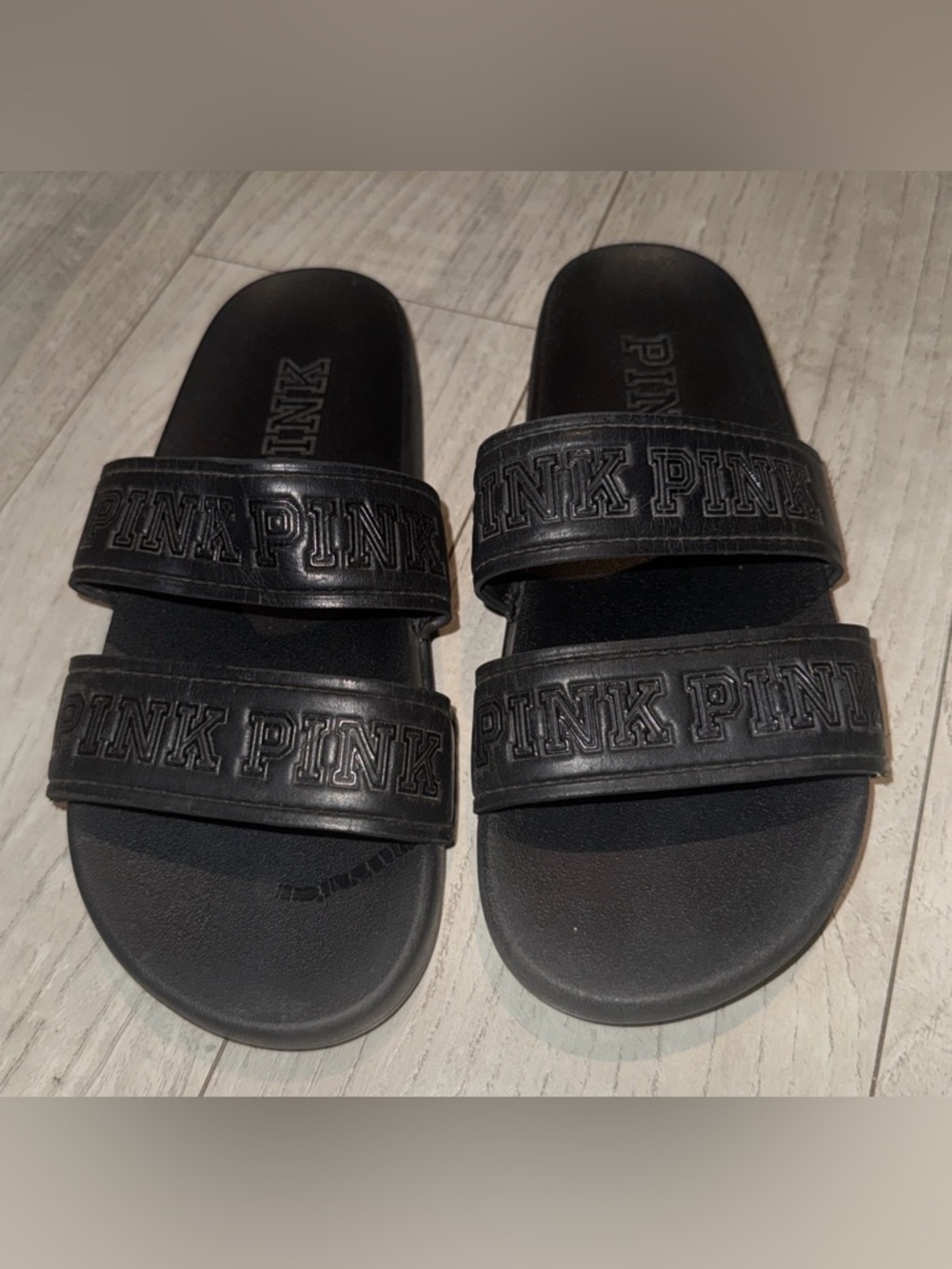 PINK Victoria's Secret Black Double-Strap Slide Sandals